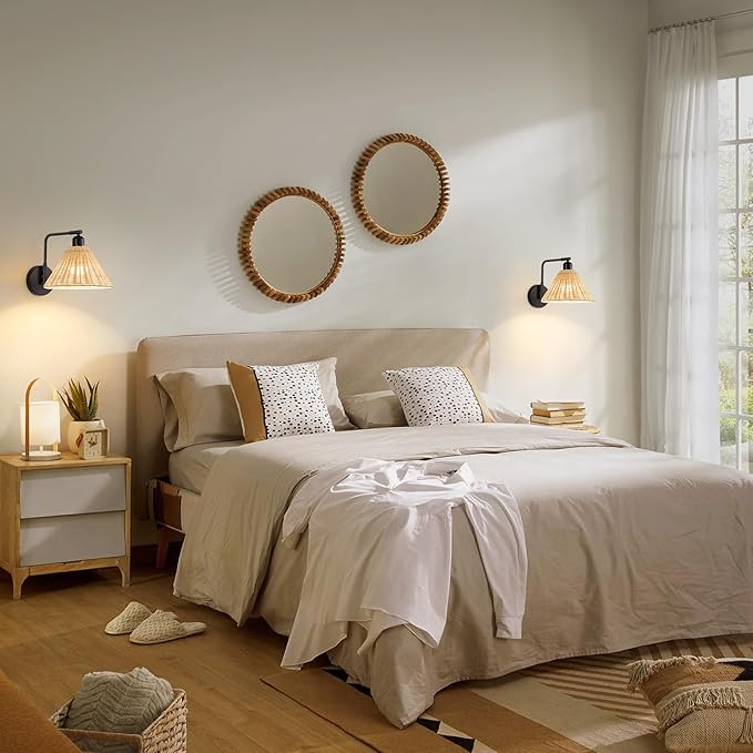 Rattan Rechargeable Wall Sconce Set of 2, Black Battery Operated Wall Lights with Remote, Hand Woven Boho Sconces Swing Arm Wireless Wall Lamp for Bedroom, Living Room, Hallway Decor