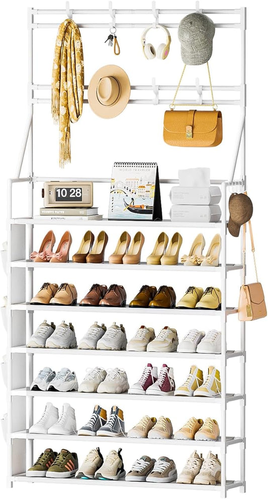 OYREL Shoe Rack 7 Tier Sturdy Shoe Racks for Closet Shoes Organizer for 28-35 Pairs Large Capacity Shoe Storage Rack with Multifunctional 5 Hooks and Side Pocket for Entrance Entryway