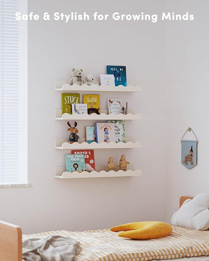 Kids' Bookshelf Set of 4 - White Floating Nursery Book Shelves, Picture Ledge Shelf for Wall Decor and Storage - Perfect for Books, Toys, Photo Frames, and Nursery Décor