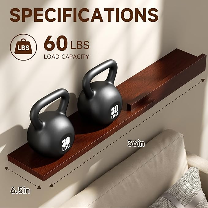 Floating Shelves for Wall, Set of 2 Rustic Wood 36 Inches Wall Mounted Shelves for Bathroom，Bedroom, Living Room &Kitchen, Heavy Duty Display Picture Ledge Shelf for Home Decor Storage Brown