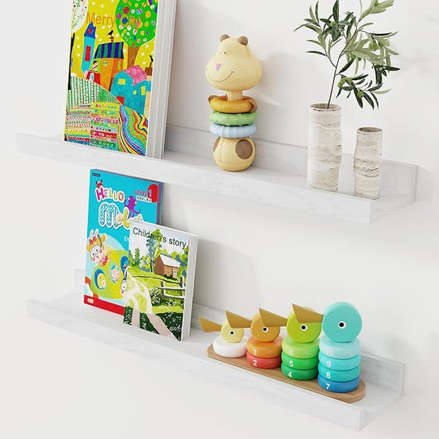 Axeman Oak Picture Ledge Shelf, 24 Inch Floating Shelves Set of 2, Solid Oak Wood Wall Shelves with Lip, Wall Decor Storage for Bedroom Living Room Bathroom Kitchen Nursery Photo Picture, White