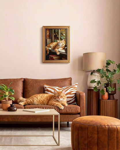 HUARCEY Gold Framed Canvas Wall Art, Book Cat Vintage Decor, Rustic Vintage Neutral Canvas Paintings Retro Table Desk Picturesfor Bathroom Bedroom Living Room, 12x16Inch