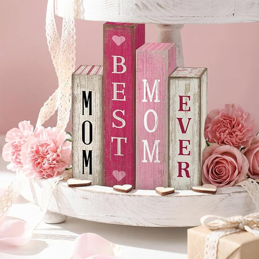 4 Pcs Mothers Day Table Decoration Wooden Book Pink White Tiered Tray Decor Happy Mother's Centerpieces Mom Gifts from Daughter Son for Home Shelf Indoor Party Decoration