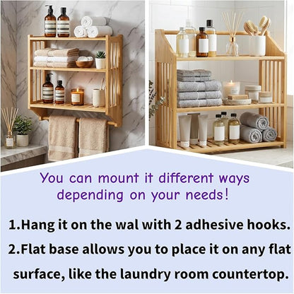 Goaste Bamboo Over The Toilet Storage Shelf, 3-Tier Wall Mounted Bamboo Rack Organizer, Floating Rack with Hanging Rod, Free Standing Shower Shelf with Adjustable Layer for Kitchen, Bathroom, Home