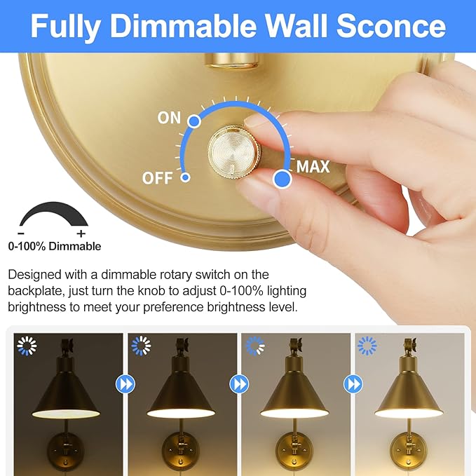TRLIFE Wall Sconces Plug in, Dimmable Wall Sconces Brushed Brass Swing Arm Wall Lights Plug in Wall Mounted Light Industrial Wall Lights with 6FT Plug in Cord, E26 Base, UL Listed(2 Pack, 2 Bulbs)
