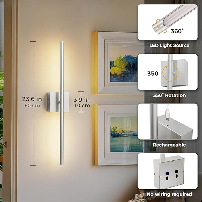 L LOHAS LED Battery Operated Wall Sconces Set of 2, Battery Wall Sconce 10000mAh, Nickel Rechargeable Sconces 3CCT, 23.7 Inch Wireless Wall Lights, Sconce Wall Decor for Bedroom, Living Room