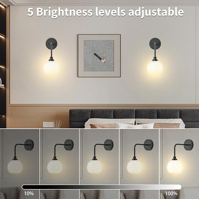 Battery Operated Wall Sconces Set of 2, Black Rechargeable Wireless Wall Lights with Milky White Shade, 12 RGB and 3CCT Dimmable Wall Lamps with Remote for Bedroom Living Room Hallway