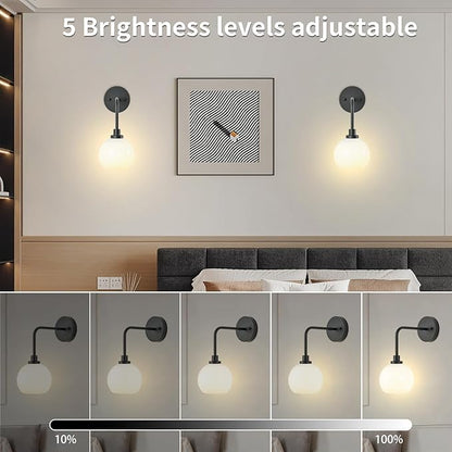 Battery Operated Wall Sconces Set of 2, Black Rechargeable Wireless Wall Lights with Milky White Shade, 12 RGB and 3CCT Dimmable Wall Lamps with Remote for Bedroom Living Room Hallway