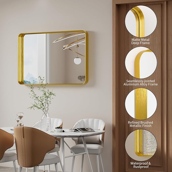 Koonmi Gold Wall Mirror for Bathroom, 24x35 Inch Matte Deep Framed Rounded Rectangle Vanity Mirror for Farmhouse Living Room, Tempered Glass, Anti-Rust, Vertically or Horizontally