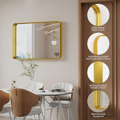 Koonmi Gold Wall Mirror for Bathroom, 24x35 Inch Matte Deep Framed Rounded Rectangle Vanity Mirror for Farmhouse Living Room, Tempered Glass, Anti-Rust, Vertically or Horizontally