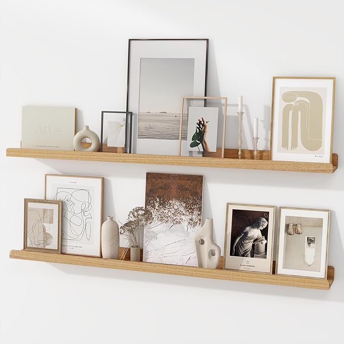 Picture Ledge Shelf | 48 Inch Floating Shelves Set of 2 | Natural Wood Wall Shelves with Lip | Wooden Picture Shelf for Wall with Ledge | Photo Ledges