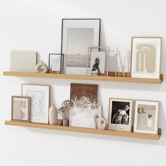 Picture Ledge Shelf | 48 Inch Floating Shelves Set of 2 | Natural Wood Wall Shelves with Lip | Wooden Picture Shelf for Wall with Ledge | Photo Ledges