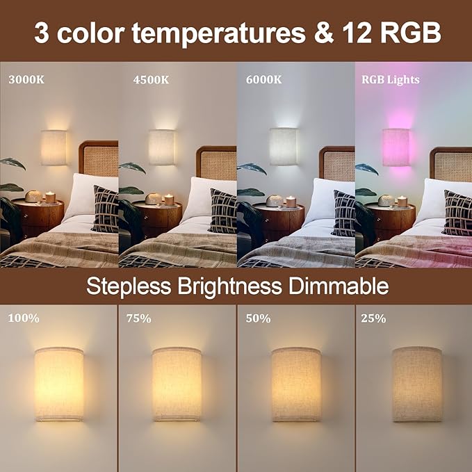 Battery Operated Wall Sconce Set of 2, Rechargeable 6000mAh Magnetic Bulb, No Drill Stick On Cordless Wall Light, RGB & 3 Color Temperatures Dimmable with Linen Shade for Bedroom Living Room