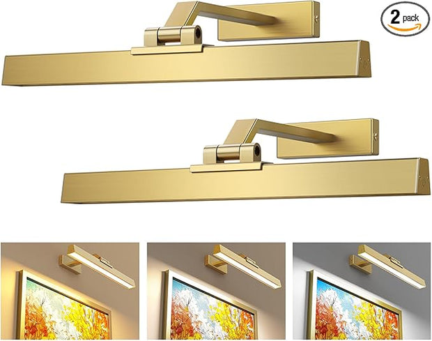 Picture Lights for Wall, Brushed Gold Battery Operated Picture Light 16in Art Light CCT Dimmable Recharging Battery Wall Light with Remote Control for Living Room Gallery 2PCS