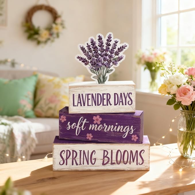 Spring Decoration Wooden Tiered Tray Decor – Rustic Lavender Days Stacked Block Sign with Lavender Flower Topper – Farmhouse Tabletop Spring Decor for Living Room Shelf Kitchen Coffee Bar Seasonal Home Display