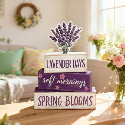 Spring Decoration Wooden Tiered Tray Decor – Rustic Lavender Days Stacked Block Sign with Lavender Flower Topper – Farmhouse Tabletop Spring Decor for Living Room Shelf Kitchen Coffee Bar Seasonal Home Display