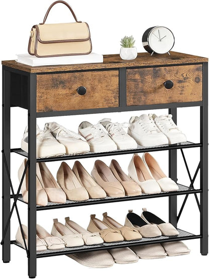 4 Tier Shoe Rack, Large Capacity Shoe Storage Organizer, Metal Shoe Shelf with Drawer and Wooden Top, for 16 Pairs of Shoes, for Entryway, Closet, Rustic Brown and Black SS24BR