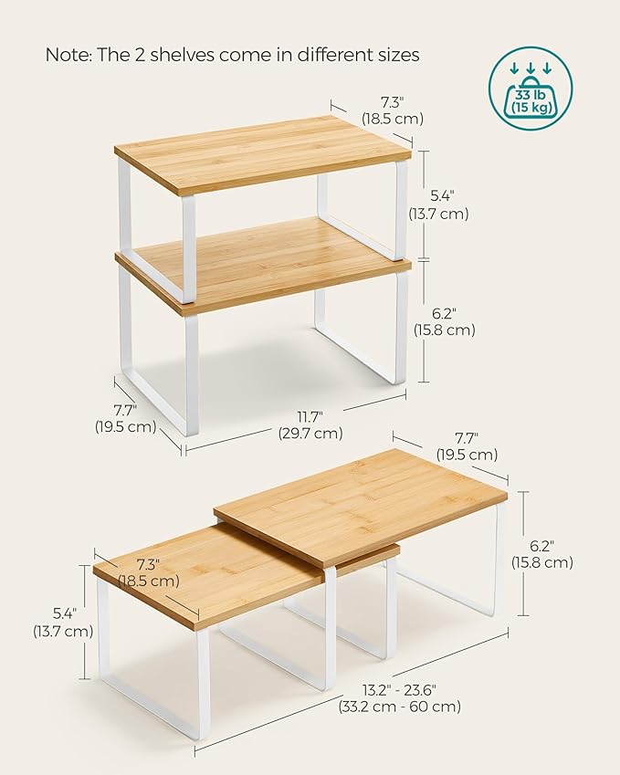 SONGMICS Cabinet Organizer Shelf, Set of 2 Kitchen Counter Shelves, Kitchen Storage, Spice Rack, Stackable, Expandable, Metal and Engineered Wood, Cloud White and Natural Beige UKCS02NW (Pack of 2)