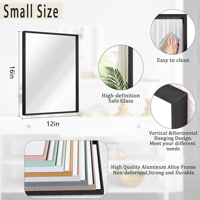 AAZZKANG Mirrors for Wall Rectangular Metal Framed Mirror Modern Decorative for Entryway Bedroom Living Room Bathroom Vertically or Horizontally Hanging Black Small