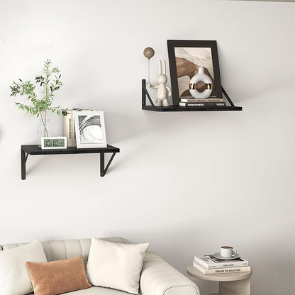 Heimlove Black Deep Floating Shelves for Wall, 16W x 12D Wood Wall Shelves Set of 2, Wide Floating Bookshelf for Living Room, Kitchen, Office, Bedroom and Decor Storage, with Metal Bracket - Black