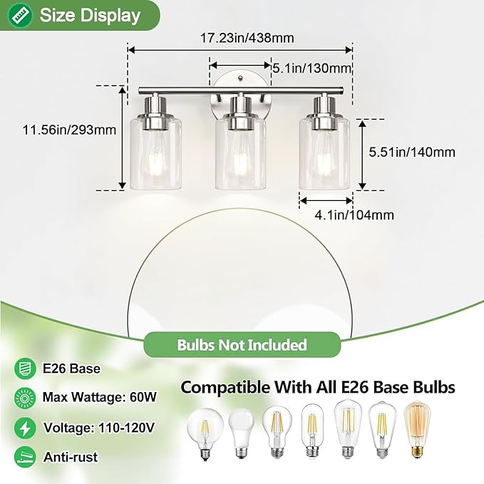 3-Light Bathroom Light Fixtures, Brushed Nickel Vanity Light, Farmhouse Wall Lights with Clear Glass Shade, Bathroom Wall Lamp for Mirror Kitchen Bedroom Hallway Living Room Hallway Cabinet