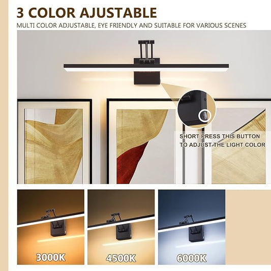 Picture Light for Wall 24" Cordless Lamp 270°Rotation Vanity Light Bar for Bathroom Over Mirror,3CCT Dimmable Art Light Led Wall Sconces for Poster,Room,Make Up,Hallway(Matte Black)