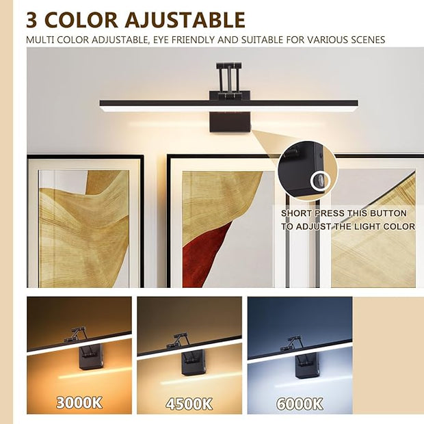 Picture Light for Wall 24" Cordless Lamp 270°Rotation Vanity Light Bar for Bathroom Over Mirror,3CCT Dimmable Art Light Led Wall Sconces for Poster,Room,Make Up,Hallway(Matte Black)