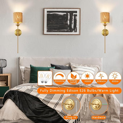 Rattan Plug in Wall Sconces Set of 2, Gold Bedside Dimmable Wall Lamp with Knob Dimmer Switch and 6.5FT Electric Cord, Boho Bathroom Wall Light Fixture for Bedroom Living Room