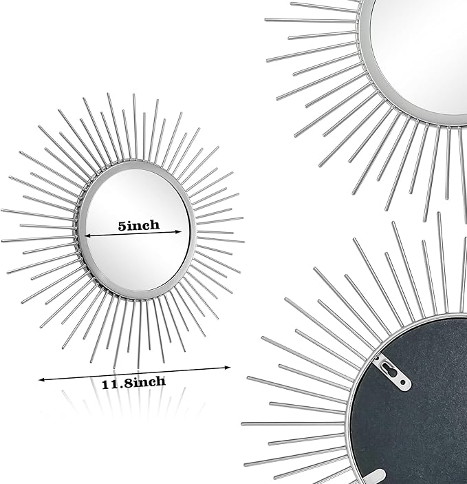 Cityelf 3 Set Sunburst Mirrors for Wall Decorative Metal Mirrors Small Mirror Sets Decor Hanging Mirror Wall Sculpture for Bedroom Living Room Entryway