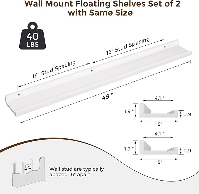 RICHFOCUS Floating Shelves for Wall, 48 inch Solid Wood Picture Ledge Shelf for Wall Storage, Nursery Book Shelves with Lip for Living Room Bathroom Bedroom Kitchen, Set of 2, Washed White