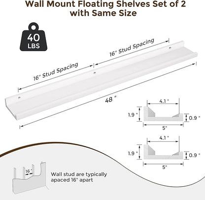 RICHFOCUS Floating Shelves for Wall, 48 inch Solid Wood Picture Ledge Shelf for Wall Storage, Nursery Book Shelves with Lip for Living Room Bathroom Bedroom Kitchen, Set of 2, Washed White