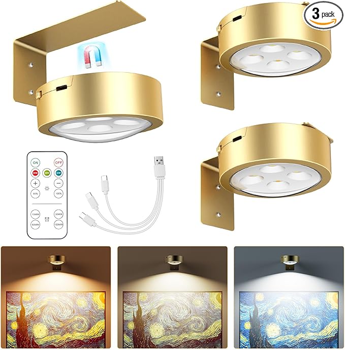 Brightown 3-Pack Picture Lights for Wall,Rechargeable Battery Operated Painting Light Magnetic Art Display Light with Remote, Puck Lights, Dimmable & Timer Art Lighting for Paintings Wireless,Gold