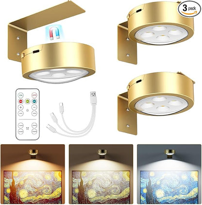 Brightown 3-Pack Picture Lights for Wall,Rechargeable Battery Operated Painting Light Magnetic Art Display Light with Remote, Puck Lights, Dimmable & Timer Art Lighting for Paintings Wireless,Gold