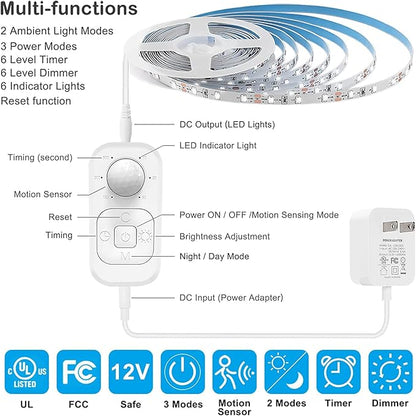 Motion Sensor Under Cabinet Lights - Plug-in LED Strip Lights Indoor With UL FCC Approved Adapter, Dimmer And Timer For Kitchen Cabinet, Counter, Shelf, Showcase, Stairway, Bedroom, Corridor, Washroom