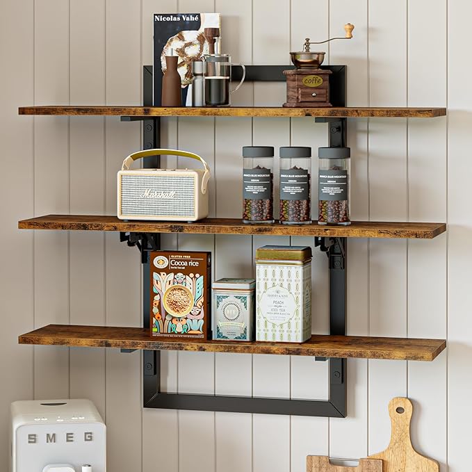 Bestier Floating Shelves for Wall, 32 inch Kitchen Shelves Wall Mounted, 3 Tier Coffee Bar Shelf with Foldable Brackets, Industrial Display Shelf for Bathroom, Living Room, Rustic Brown