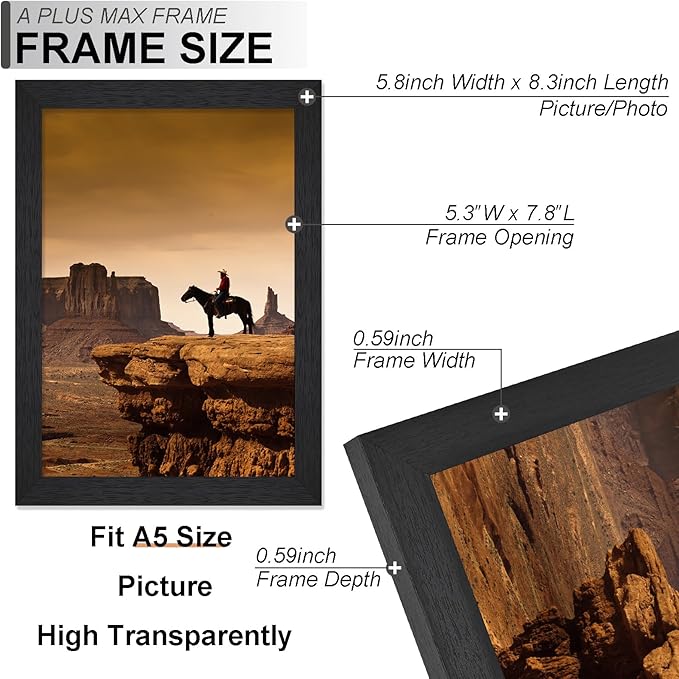 A PLUS MAX Black A5 Frame Set of 6, Engineered Wood Frame Display 4x6 Picture with Mat or Papaer Size A5 without Mat, A5 Frame with Wood-grain for Photo 5.8 x 8.3 inch for Wall - 6 Packs