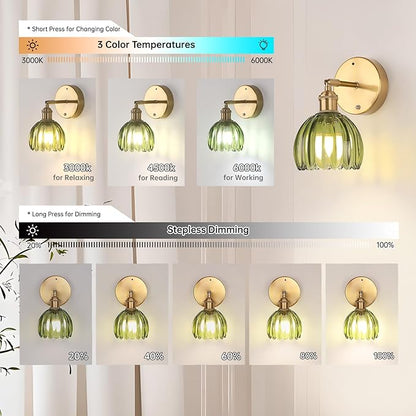 Battery Operated Vintage Wall Sconces with Green Tulip Glass Lampshade Battery Powered Wall Lighting for Bedside Bedroom Doorway, Set of 2