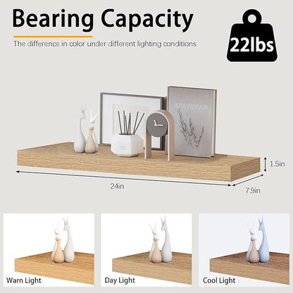 INHABIT UNION Oak Floating Shelves for Wall，24in Wall Mounted Display Ledge Shelves Perfect for Bedroom, Bathroom, Living Room and Kitchen Decoration Storage (Oak, Set of 2)