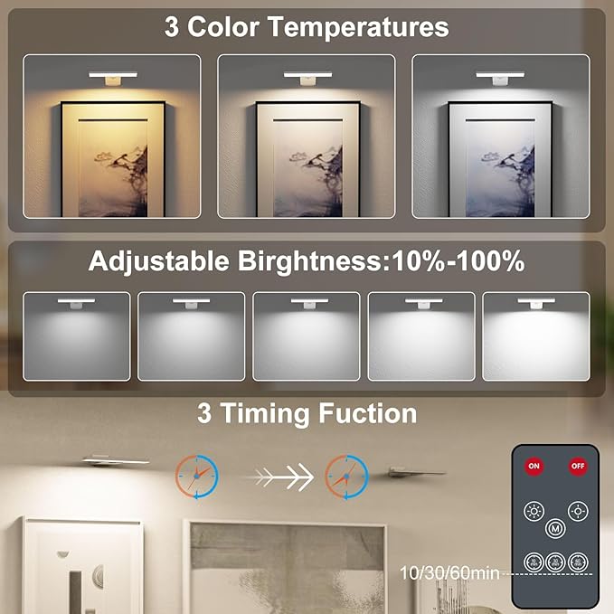 Picture Lights for Wall, Rechargeable 6000mAh Battery Wall Sconce with Remote & Timer, Dart Board Light for Poster Artwork Paintings Gallery, 3 Color Temperatures (2 Pack)