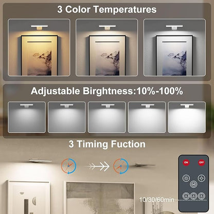 Picture Lights for Wall, Rechargeable 6000mAh Battery Wall Sconce with Remote & Timer, Dart Board Light for Poster Artwork Paintings Gallery, 3 Color Temperatures (2 Pack)