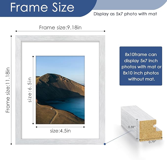 PEALSN 8x10 Picture Frame Set of 6, Display Pictures 5x7 with Mat or 8x10 without Mat for Wall Mounting or Table Top Display, Photo Frames Collage for Wall Decor, Silver.