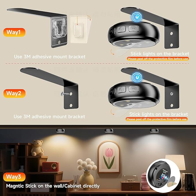 3 Pack Picture Light for Wall with 1200mAh Rechargeable Battery Operated Lights Remote Dimmable Timer Painting Light Magnetic 3 Adjustable Lighting RGB Modes Wall Decor Lights for Living Room (Black)