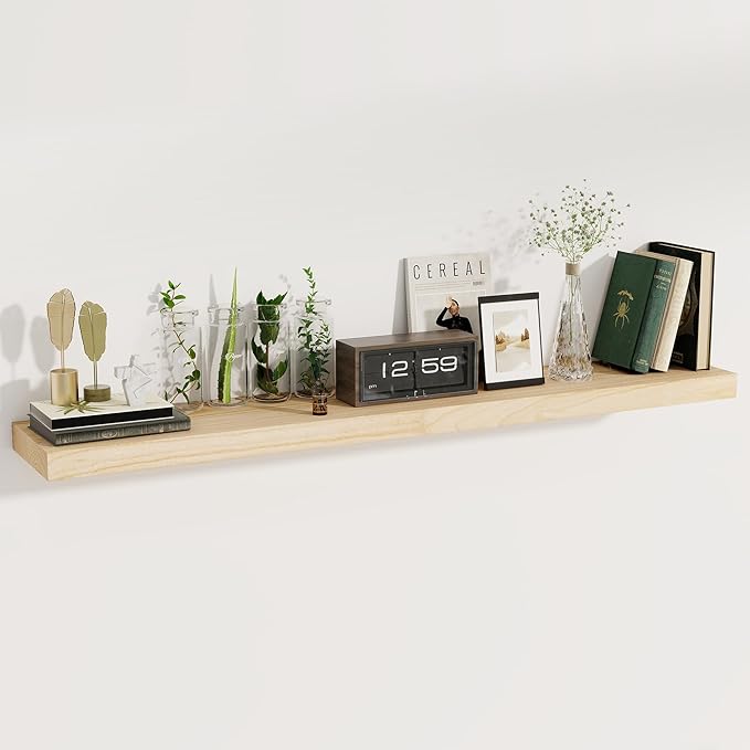 fuqing Wood Floating Shelves - 55 Inch Natural Wood Shelves Set of 1-5 Inch Wide x 9.3 Inch Deep x 1.6 Inch Thick Wall Shelves for Room Decor & Storage
