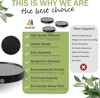 AceList Small Round Floating Shelves (Set of 3), 6 Inch Real Wood Circle Wall Shelf for Bathroom & Bedroom Decor, Matte Black Invisible Mount Display Rack for Plants, Collectibles, and Trophies