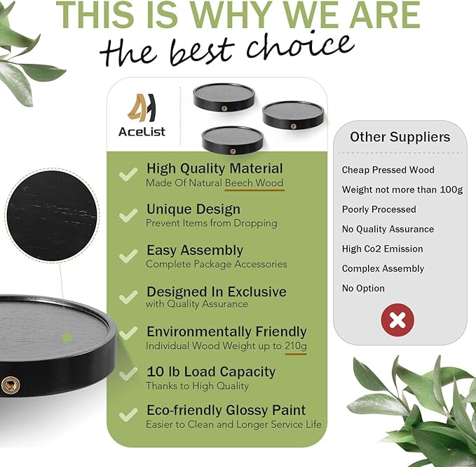 AceList Small Round Floating Shelves (Set of 3), 6 Inch Real Wood Circle Wall Shelf for Bathroom & Bedroom Decor, Matte Black Invisible Mount Display Rack for Plants, Collectibles, and Trophies
