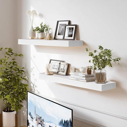 24x8x1.6 inch Floating Shelves Set of 2 – Solid Wood Rustic White Wall Mounted Shelf for Kitchen, Bathroom, Living Room