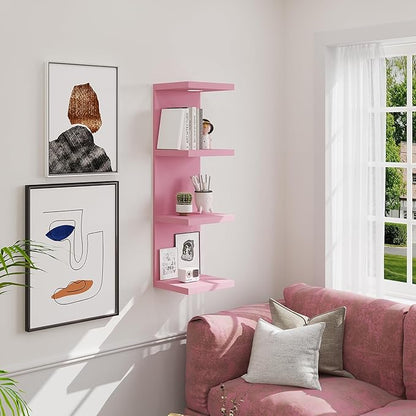 Versatile 4 Tier Wall Shelf Unit,Pink Lack Wall Shelf,Display Floating Shelf with LED Remote Control Light