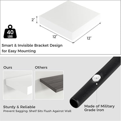 Square Floating Shelves for Wall, 12" W x 12" D x 2" H, 2 Pack of Small Wall Mounted Engineered Wood Shelves with Invisible Brackets for Living Room, Bedroom, Bathroom, Kitchen Decor, White