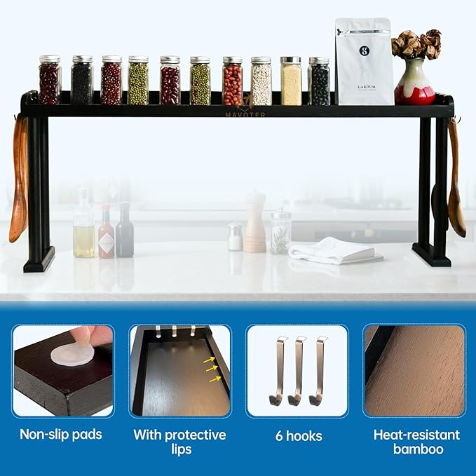 Over the Stove Shelf, Bamboo Stove Top Spice Rack for Kitchen,Wooden Stove Shelf for Back of Stove, Non-slip Countertop Seasoning Organizer with 6 hooks,Easy to Assemble 33.5*4.5*13.4” Black