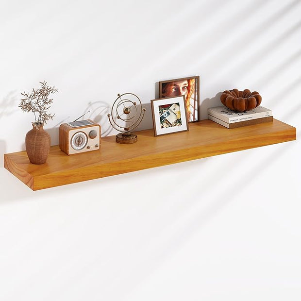 Fun Memories Floating Shelves, 9.3 Inch Deep Solid Pine Wood Wall Shelves for Storage, Rustic Wall Mounted Display Shelf with Invisible Heavy-Duty Metal Bracket, 48 Inch Width, Honey Oak